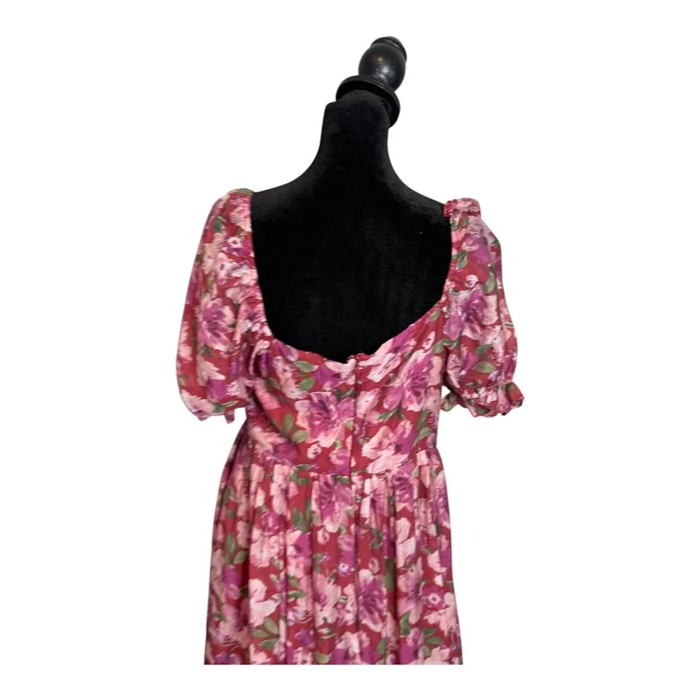 Floral Ruffle Maxi Dress Women L Sweetheart Neck Puff Sleeve Cottage Romantic